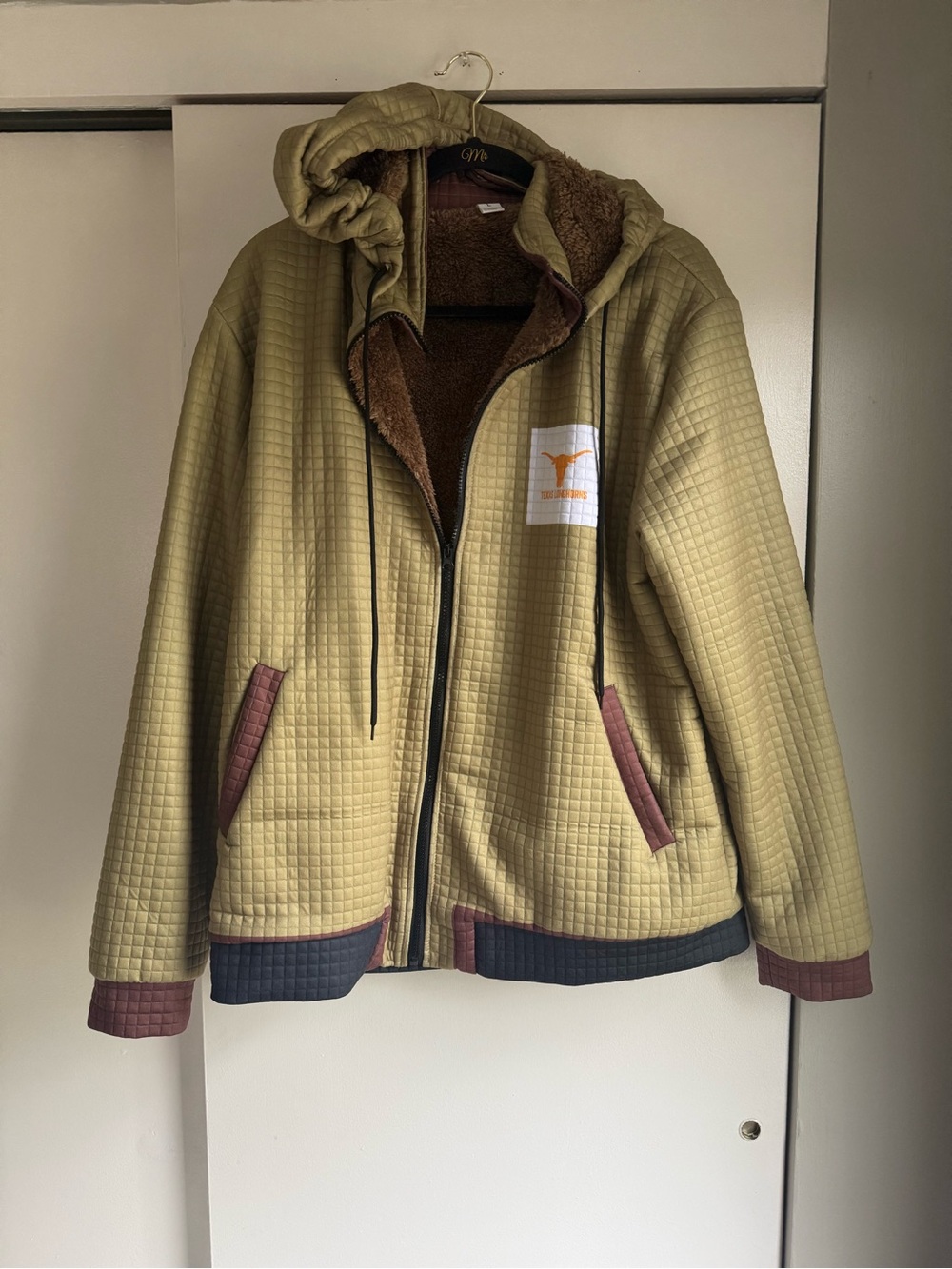 Men's Quilted Lightweight Hooded Jacket in Olive with Brown Trim
